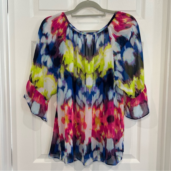 Milly Sheer Colorful Tie Dye Watercolor Blouse Sz XL Peasant Boho Flounce Ties - Picture 6 of 10